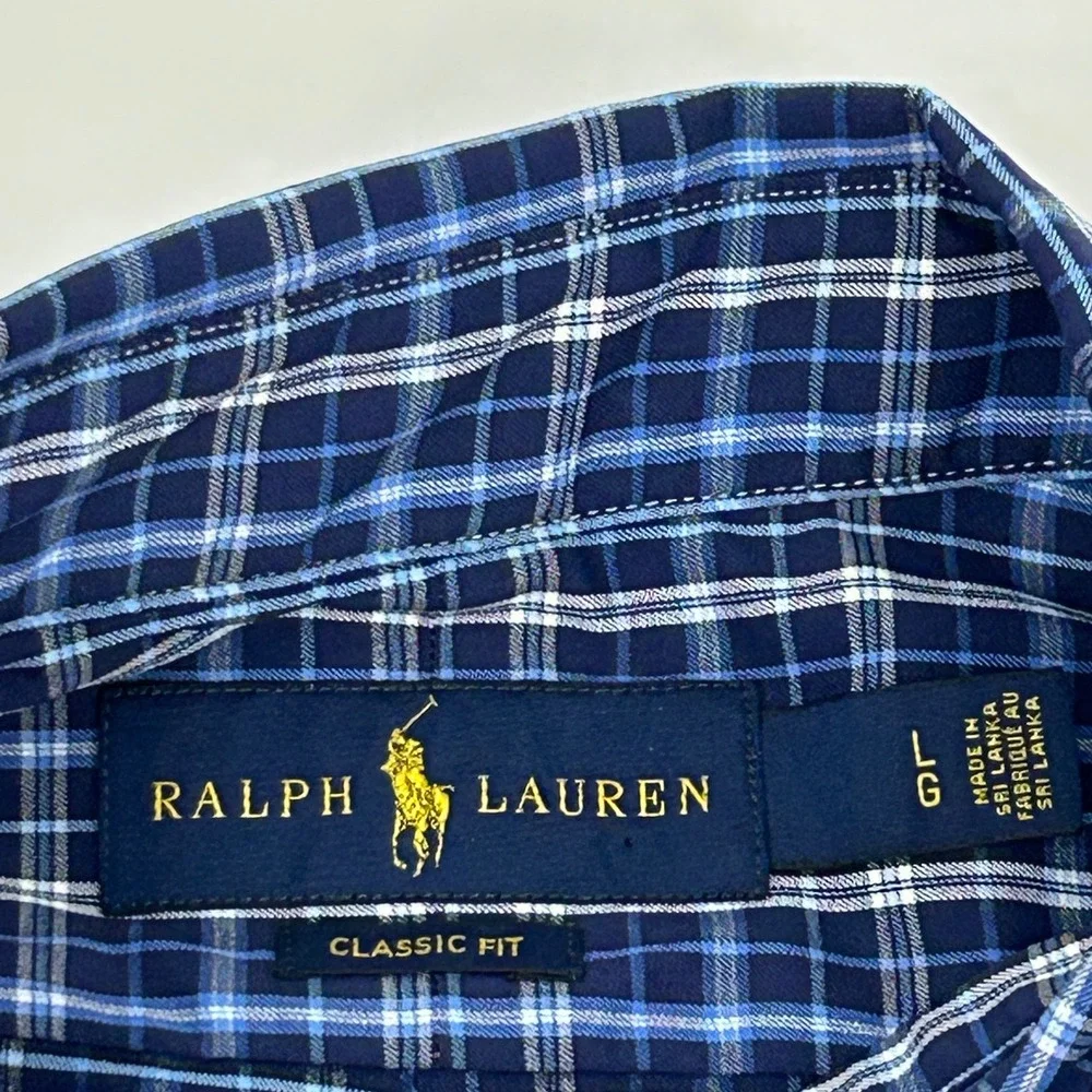 Ralph Lauren Button Down Shirt Mens Large Blue Plaid Classic Fit Stretch Nylon